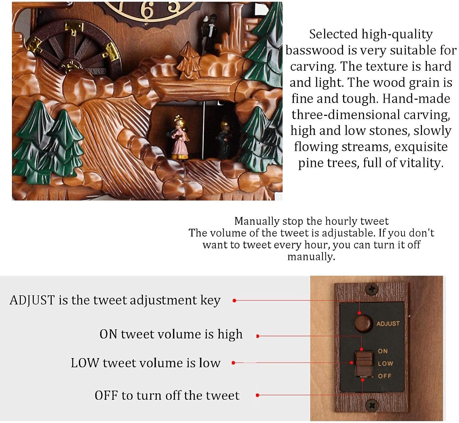 Large Wooden Black Forest Cuckoo Clock - Hand-Carved - Decorative Modern with Pendulum and 12 Music Retro 3D Home Decor Cuckoo Wall Clock B,84X38x18cm