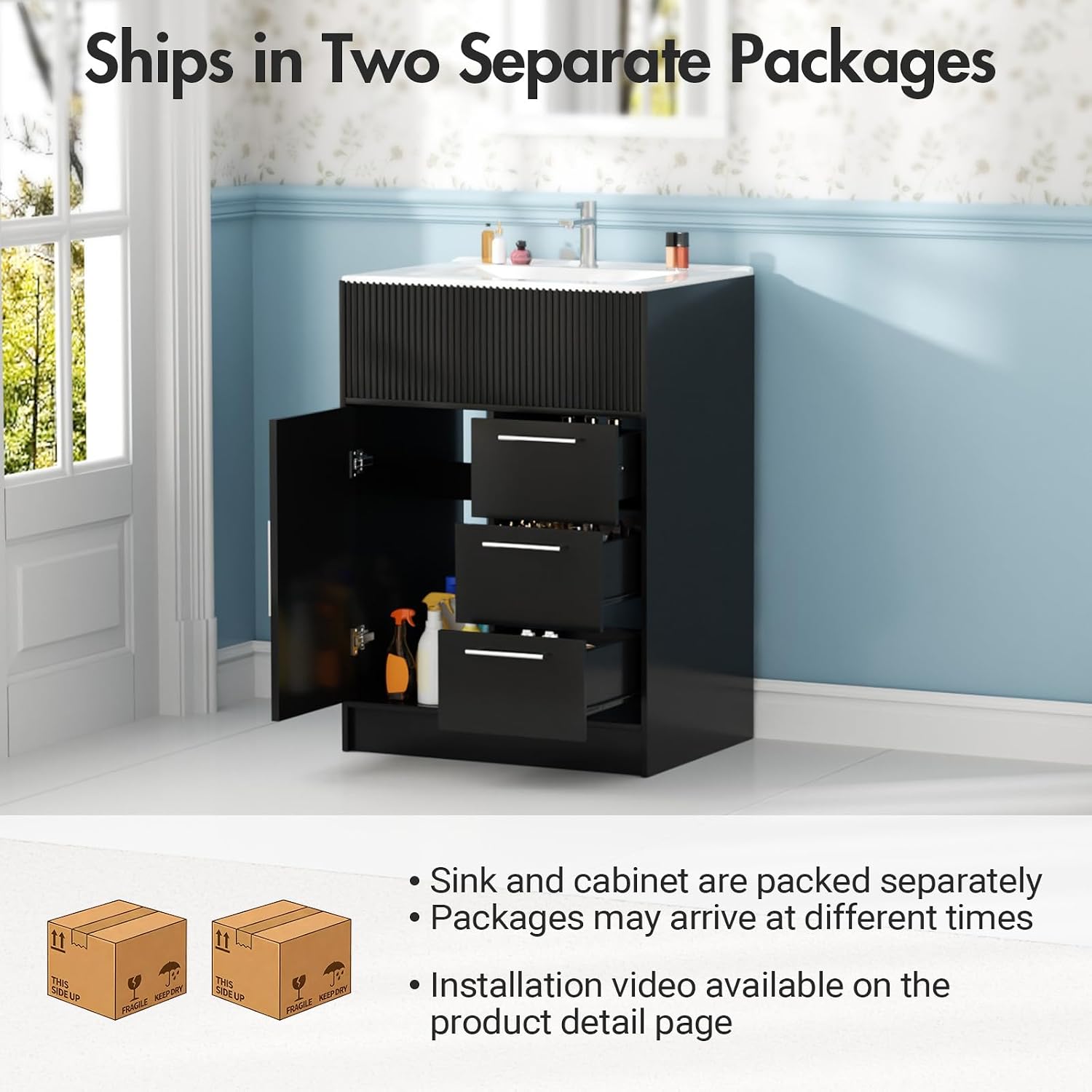 Kikihouse 24 Inch Bathroom Vanity with Sink, Freestanding Modern Bathroom Vanity Cabinet with Ceramic Basin, Single Sink Small Bathroom Vanity for Apartment (Black, 24 inch)