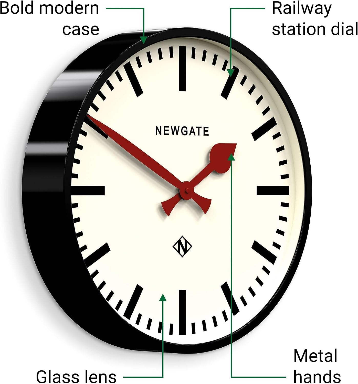 NEWGATE® Putney wall Clock | Large Retro Inspired Modern Station Clock | 18 inch | Deep Gloss Black Metal case with red Hands | Industrial mid-Century Style for Kitchen, Living Room or Office