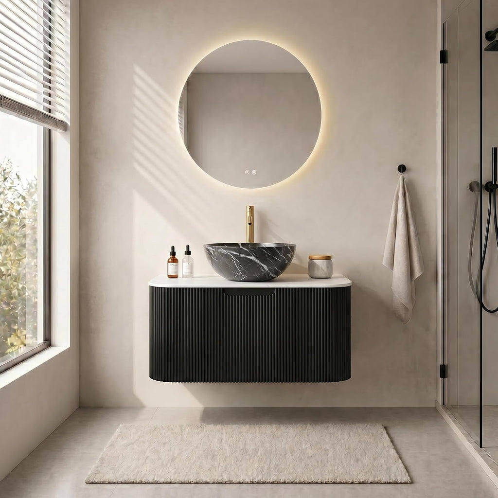 Yayzy 30' Floating Bathroom Vanity with Sink, Solid Wood Fluted Cabinet, White Marble-Patterned Ceramic Basin & Faux Marble Top, Soft-Close Drawer, Pre-Assembled, Gloss Black