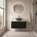 Yayzy 30' Floating Bathroom Vanity with Sink, Solid Wood Fluted Cabinet, White Marble-Patterned Ceramic Basin & Faux Marble Top, Soft-Close Drawer, Pre-Assembled, Gloss Black