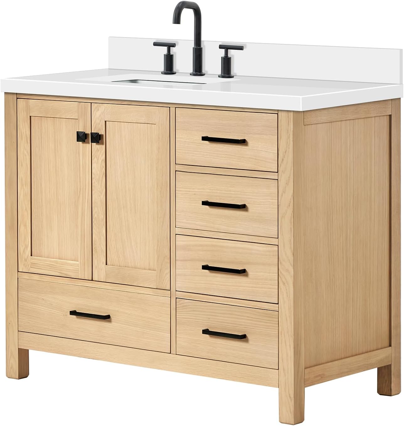 ARIEL Cambridge 42-Inch Oak Bathroom Vanity with Sink, Pure White Quartz Countertop 1.5' Miter Edge & 4' Backsplash, Porcelain Sink, Soft Closing Door & Drawer, Matte Black Hardware