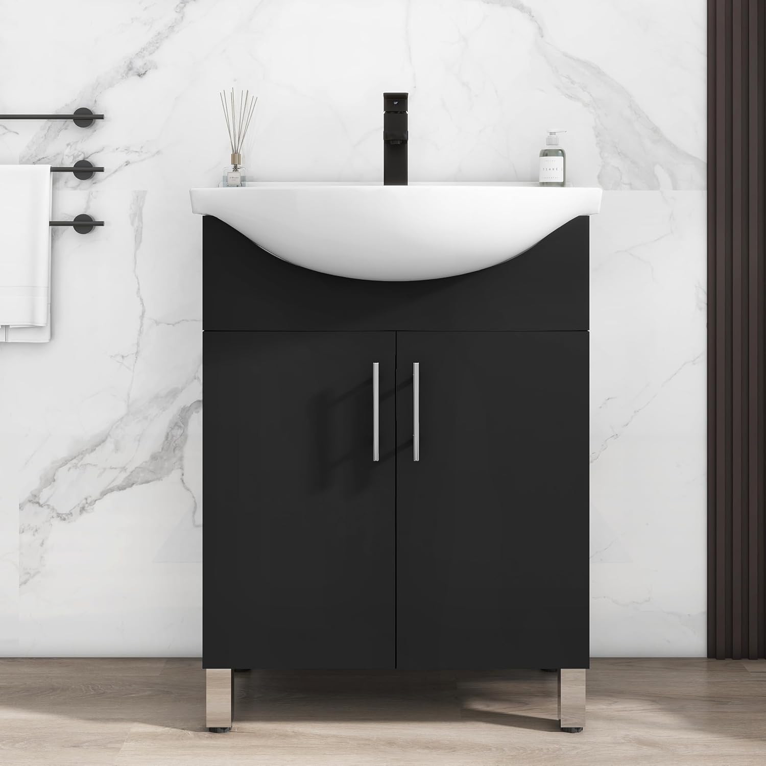 LUCKWIND 24 Inch Black Laundry Sink Cabinet Set with Ceramic Belly Bowl Sink and Faucet - Bathroom Vanity Combo, Ceramic Utility Sink for Laundry, Utility Room, Bathroom, Kitchen
