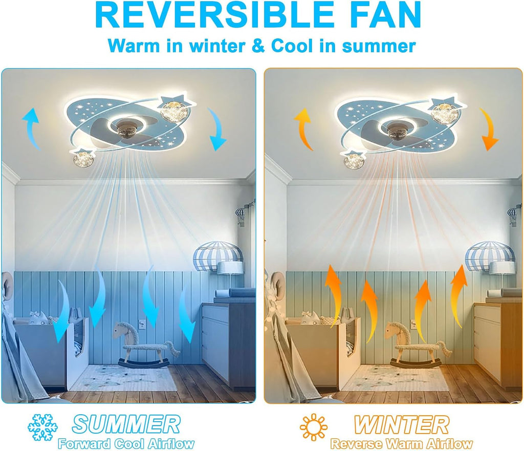 Indoor Blue Ceiling Fans with Lights Remote Dimmable 48W LED Ceiling Lights with Fan 6 Speeds Low Profile Ceiling Fan with Light for Boys Room Bedroom Kids Room