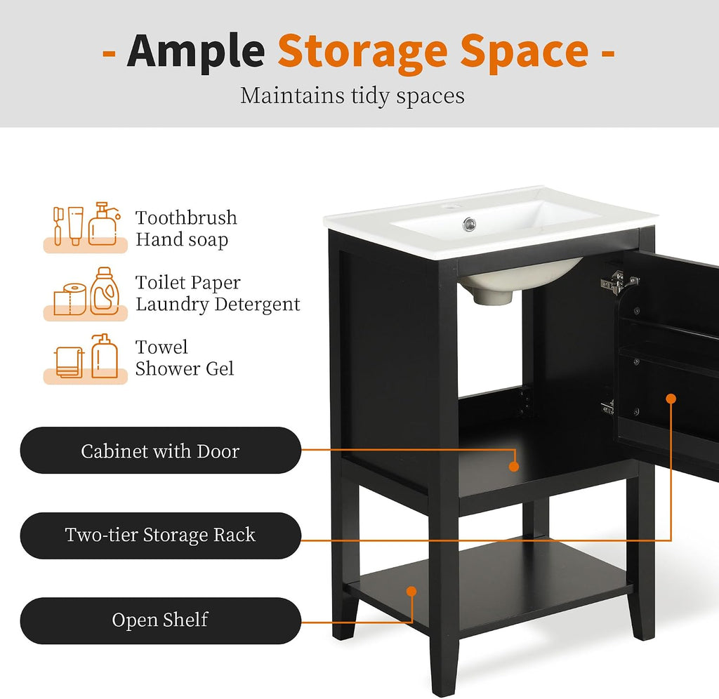 20' Bathroom Vanity Cabinet with Ceramic Sink Top Set, Freestanding, Two-Tier Storage Rack, Soft Closing Door, Black