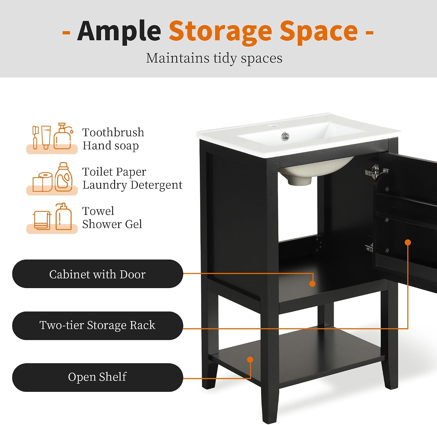 20' Bathroom Vanity Cabinet with Ceramic Sink Top Set, Freestanding, Two-Tier Storage Rack, Soft Closing Door, Black