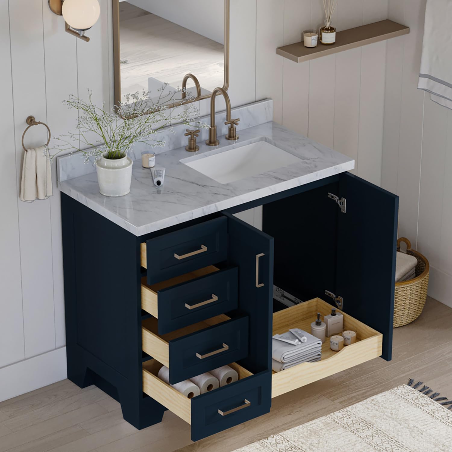 ARIEL Taylor 42-inch Bathroom Vanity with Sink,Solid Wood, 1.5-inch Italian Carrara Marble Countertop, Single Rectangular Porcelain Sink, 2 Soft Closing Doors, 5 Dovetail Drawers, Midnight Blue