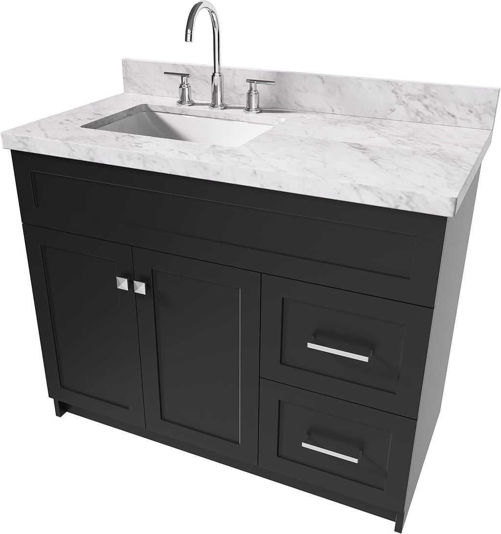 ARIEL 42' Gray Single Bathroom Vanity with Rectangular Sink, 1.5' Italian Carrara Marble Top, Solid Wood, 2 Soft Closing Doors, 2 Full Extension Dovetail Drawers, Brushed Nickel