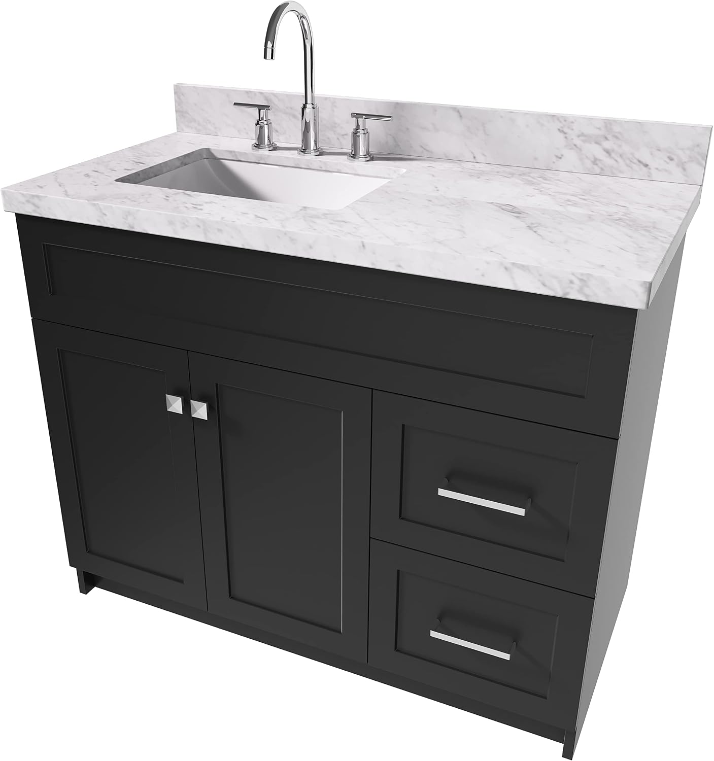 ARIEL 42' Gray Single Bathroom Vanity with Rectangular Sink, 1.5' Italian Carrara Marble Top, Solid Wood, 2 Soft Closing Doors, 2 Full Extension Dovetail Drawers, Brushed Nickel
