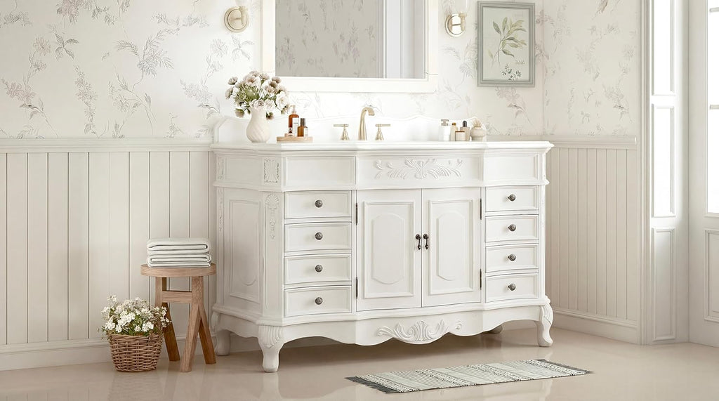 56 Inch Morton Antique Style White Single Sink Bathroom Vanity | White Quartz Top - CF-2815W-AW-56