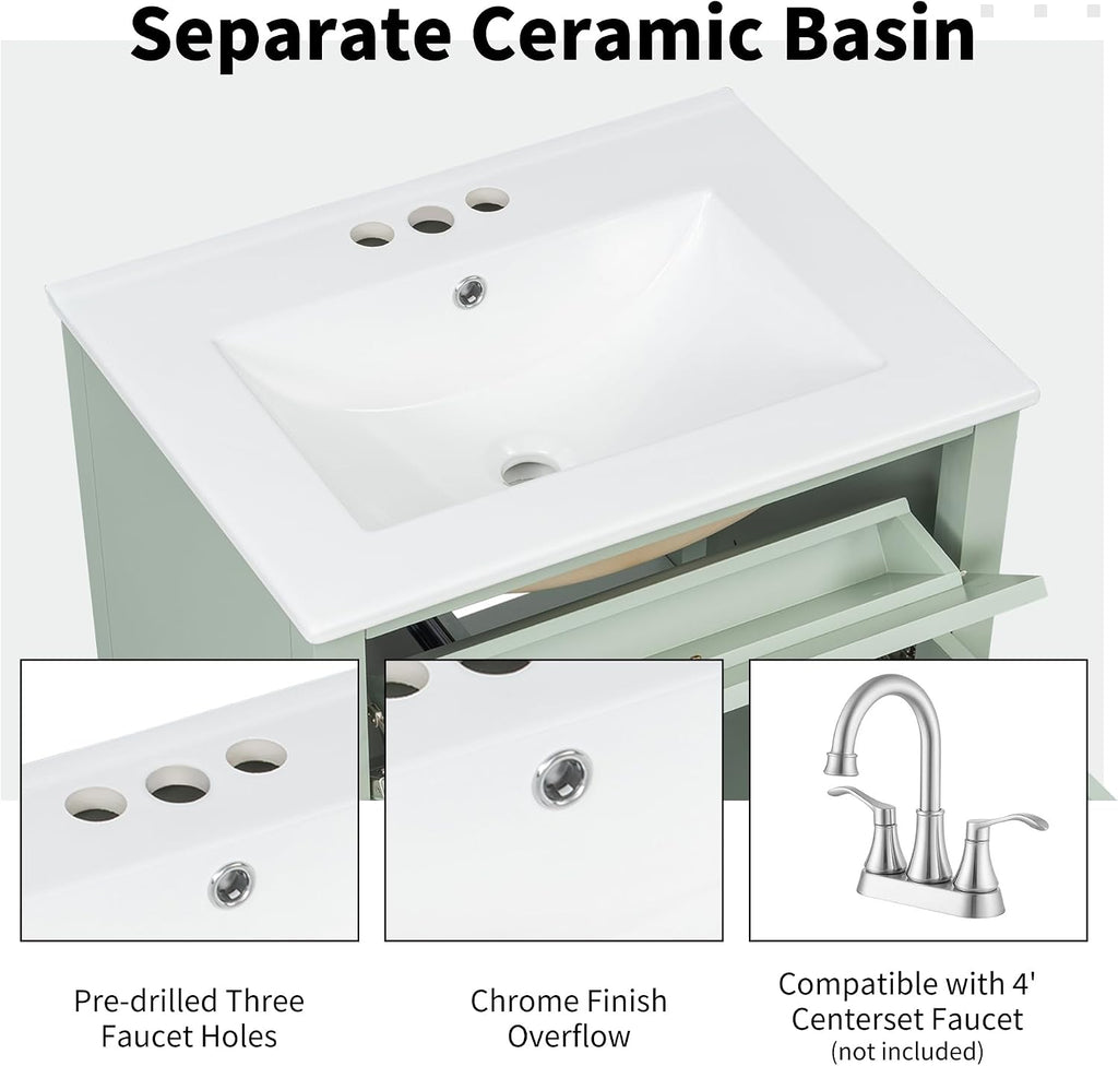 Harper & Bright Designs 24' Bathroom Vanity with Sink, Free Standing Vanity Set with 4 Drawers, Storage Racks, and Adjustable Shelf, Wood Bathroom Cabinet with Ceramic Basin for Bathroom, Green