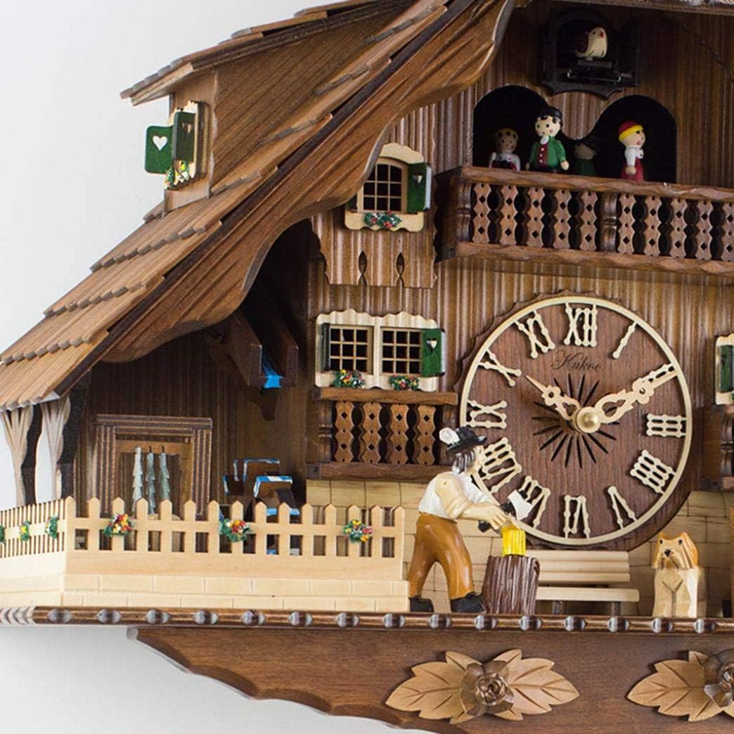 Cuckoo Clock Solid Wood Hand Carved Villa with Music and Rotating Doll, Quartz Wooden Wall Clock with Adjustable Volume and Night Sensor for Home and Office
