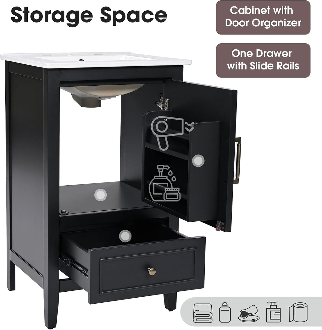 Harper & Bright Designs 20' Bathroom Vanity with Sink, Free Standing Single Vanity Set with One Drawer, and Door Storage Shelf, Solid Wood Storage Cabinet with Ceramic Basin for Bathroom, Black