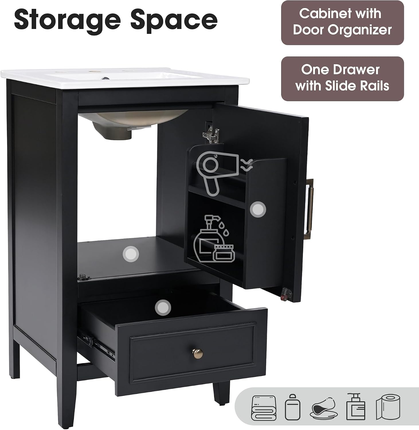 20-inch Bathroom Vanity with Sink Combo, Free-Standing Single Bathroom Storage Cabinet with Soft Closing Door, Storage Rack, and Drawer, Vanity with Ceramic Basin for Bathroom (Black)