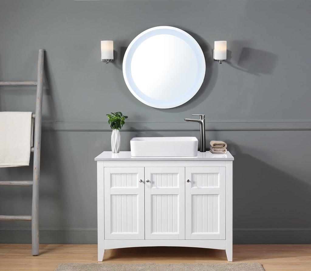 42' Triadsville White Vanity with White QuartzTop, Vessel Style Bathroom Sink, Soft-Closing Doors, Full Extension Drawer, Brushed Nickel Hardware