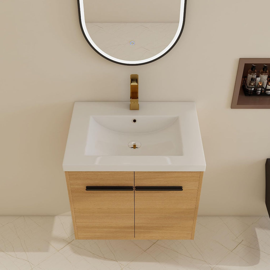 24 Inch Floating Bathroom Vanity with Sink, 24'' Wall Mount Vanity with Resin Countertop, Soft Close Doors, Double Door Storage Cabinet for Small Bathroom, Apartment, Powder Room