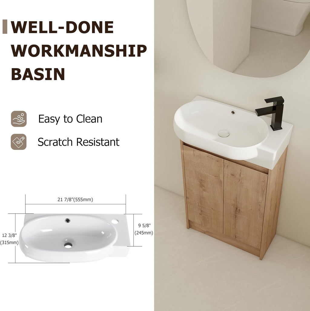 23' Small Bathroom Vanity with Sink, Freestanding Bathroom Vanity Cabinet with Round Ceramic Basin, Soft Closing Doors, Adjustable Shelves, Modern Single Sink Bathroom Vanity, Imitative Oak