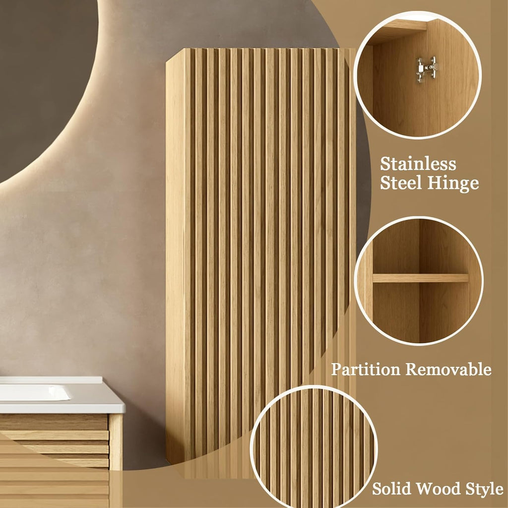 Eleshine Wall Mounted Bathroom Storage Cabinet with a Door and Adjustable Shelf, 12 inch Wood Fluted Textures Small Narrow Cabinet, Light Oak