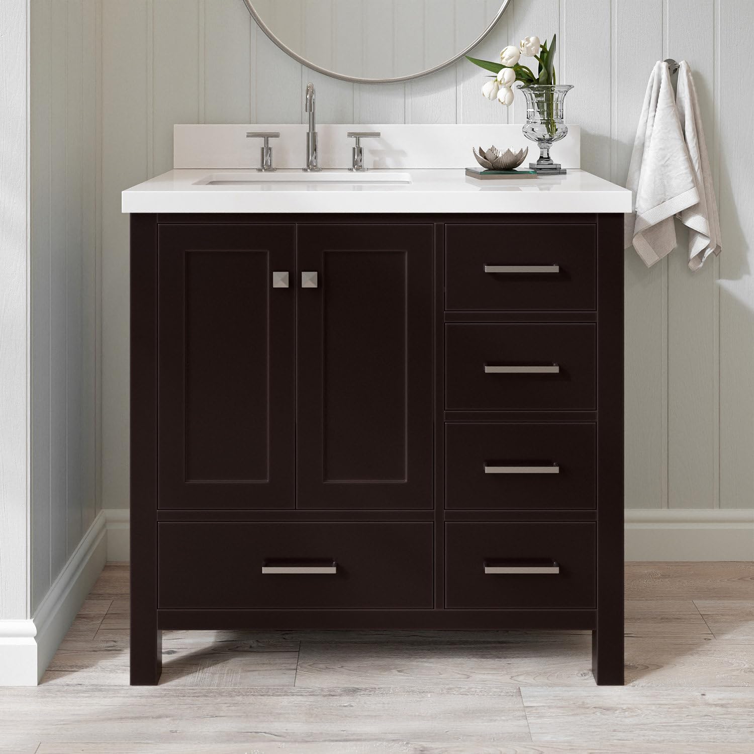 ARIEL Cambridge 36-inch Bathroom Vanity with Sink,Solid Wood, 1.5-inch Pure White Quartz Countertop, Single Rectangular Porcelain Sink, 2 Soft Closing Doors, 5 Dovetail Drawers, Espresso