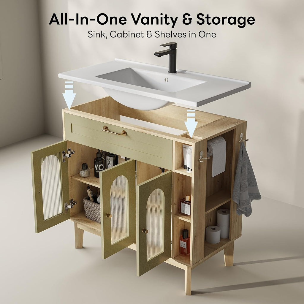 LIKIMIO 36 Inch Bathroom Vanity with Sink, Arched Glass Door Storage with Adjustable Shelf, Towel Bar & Toilet Paper Holder, Side Open Shelves, Solid Wood Legs, 36' Single Sink Vanity