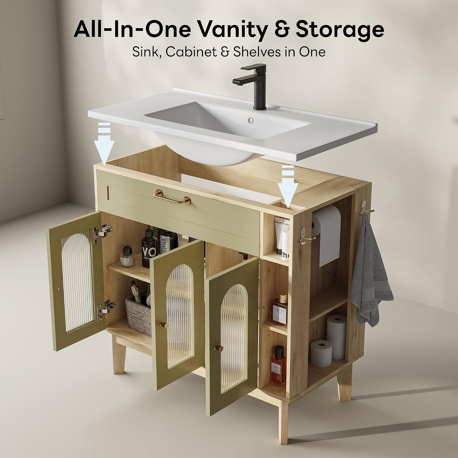 LIKIMIO 36 Inch Bathroom Vanity with Sink, Arched Glass Door Storage with Adjustable Shelf, Towel Bar & Toilet Paper Holder, Side Open Shelves, Solid Wood Legs, 36' Single Sink Vanity