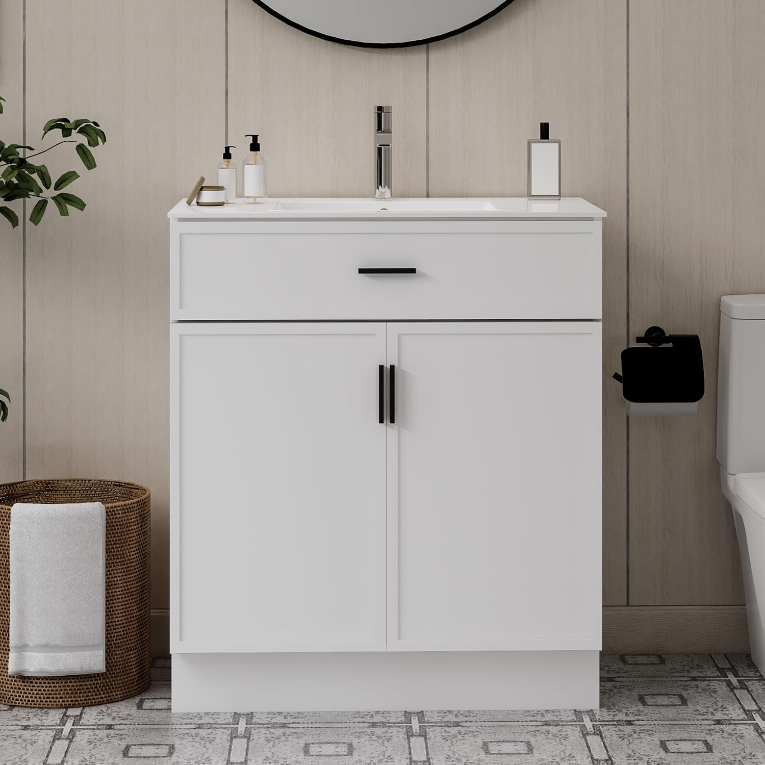 30 Inch White Bathroom Vanity with Ceramic Sink, Modern Freestanding Bathroom Cabinet with Soft-Close Doors & Storage, Moisture-Resistant Paint Surface, Single Sink Vanity for Small Bathroom