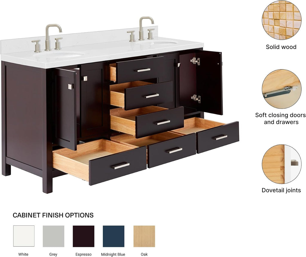 ARIEL Cambridge 66-inch Bathroom Vanity with Sink,Solid Wood, 1.5-inch Carrara White Quartz Countertop & Backsplash, Double Oval Porcelain Sink, 4 Soft Closing Doors, 6 Dovetail Drawers, Espresso