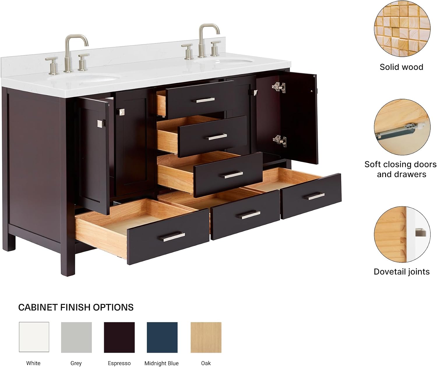 ARIEL Cambridge 66-inch Bathroom Vanity with Sink,Solid Wood, 1.5-inch Carrara White Quartz Countertop & Backsplash, Double Oval Porcelain Sink, 4 Soft Closing Doors, 6 Dovetail Drawers, Espresso