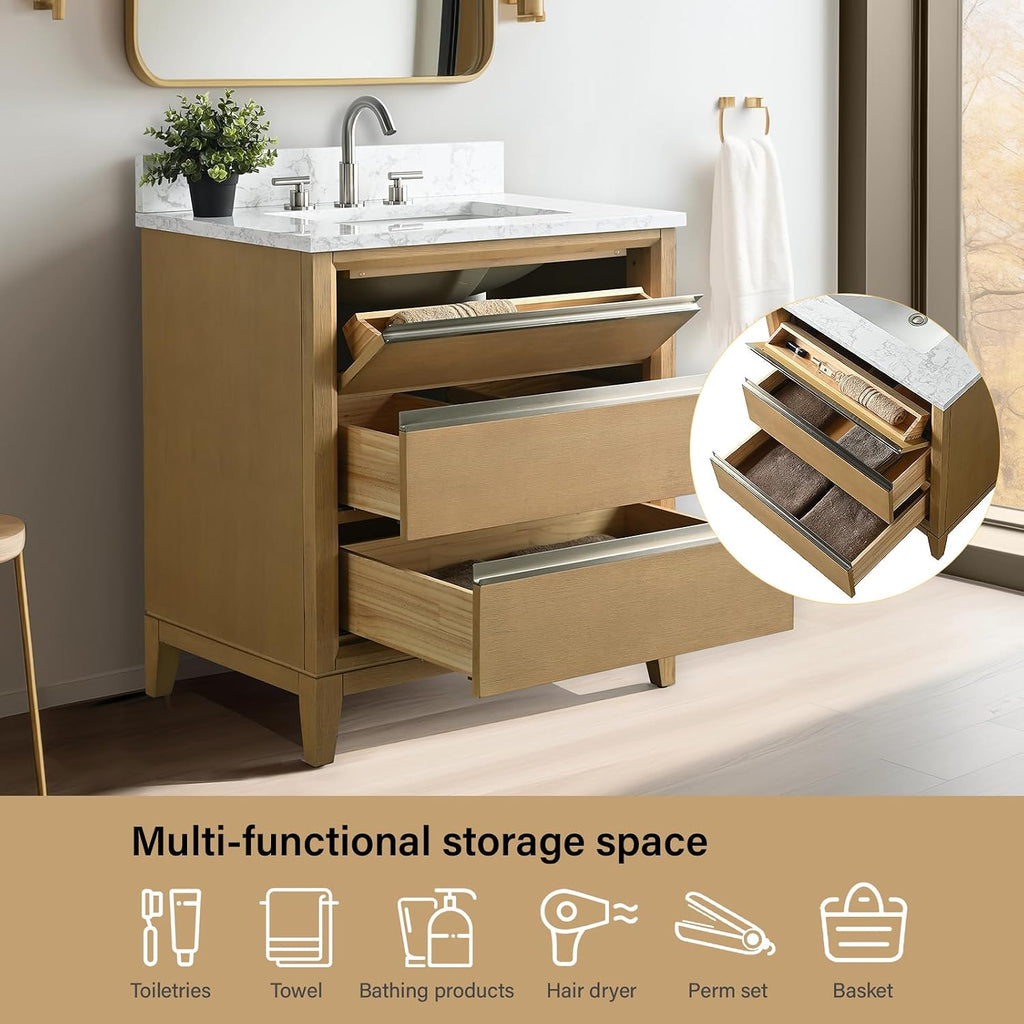 HOMEBEYOND 30 Inch Bathroom Vanity with Sink & Ceramic Top, Vanity Cabinet with Solid Wood Frame, Soft-Closing Doors, Drawers, Natural Oak
