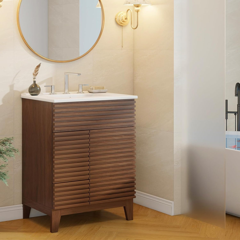 Vabches Bathroom Vanity with Sink Combo, Mid-Century Bathroom Cabinet with 3 Storage Drawers, Freestanding Storage Cabinet with Soft Closing Door, Vintage Sink Vanity with Wood Grain Laminate, Walnut