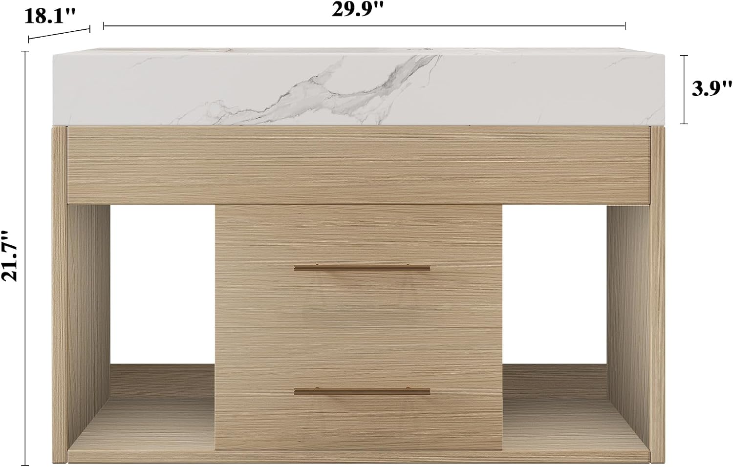 30' Bathroom Vanity with Sink Set, Modern Oak Wall Mounted Bathroom Vanity Cabinet with Sintered Stone Top&Gold Handle 2 Drawers&2 Open Storage, Single Sink Floating Bathroom Vanity