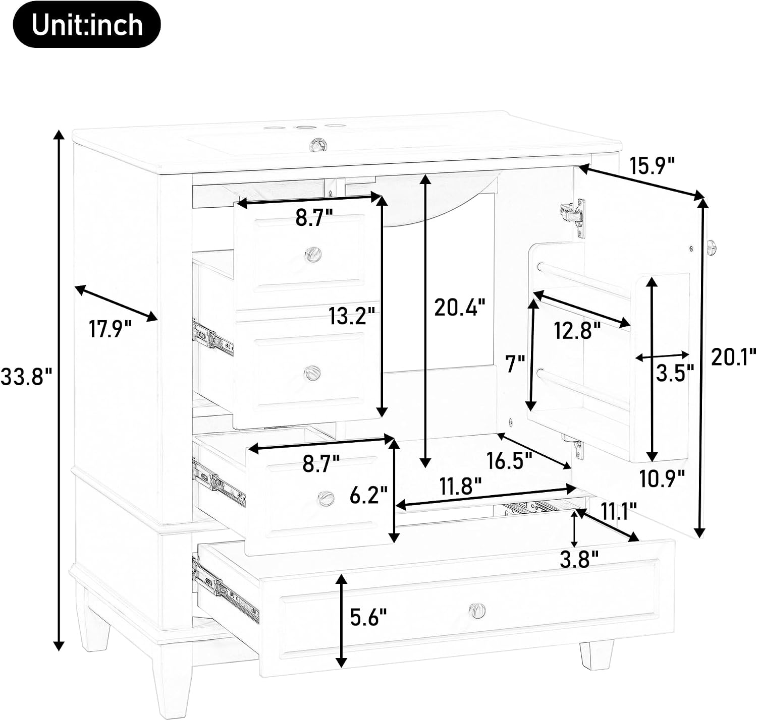 Mirightone 60 Inch Bathroom Vanity with Double Sink, 60 Double Sink Bathroom Vanity, Bathroom Vanity 60' Double Sink with 6 Drawers, 2 Cabinets and 2 Door with Shelves (White)