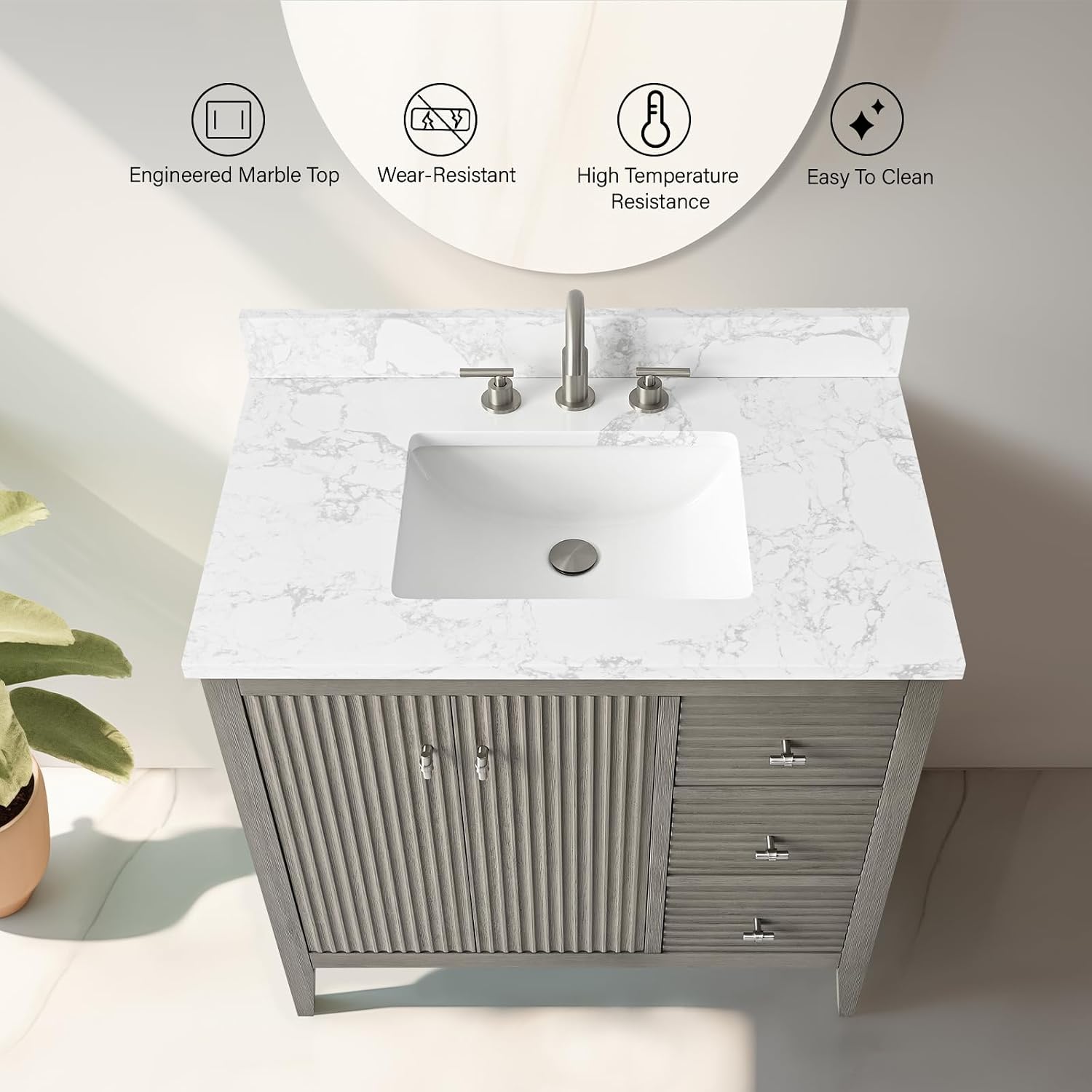 Vanity Art 36 inch Bathroom Vanity with Single Sink & Ceramic Top, Vanity Cabinet with Soft-Closing Door, Solid Wood Frame, Linear Pattern, Driftwood Gray, Golden Brushed Handware VA9136-DG-GB