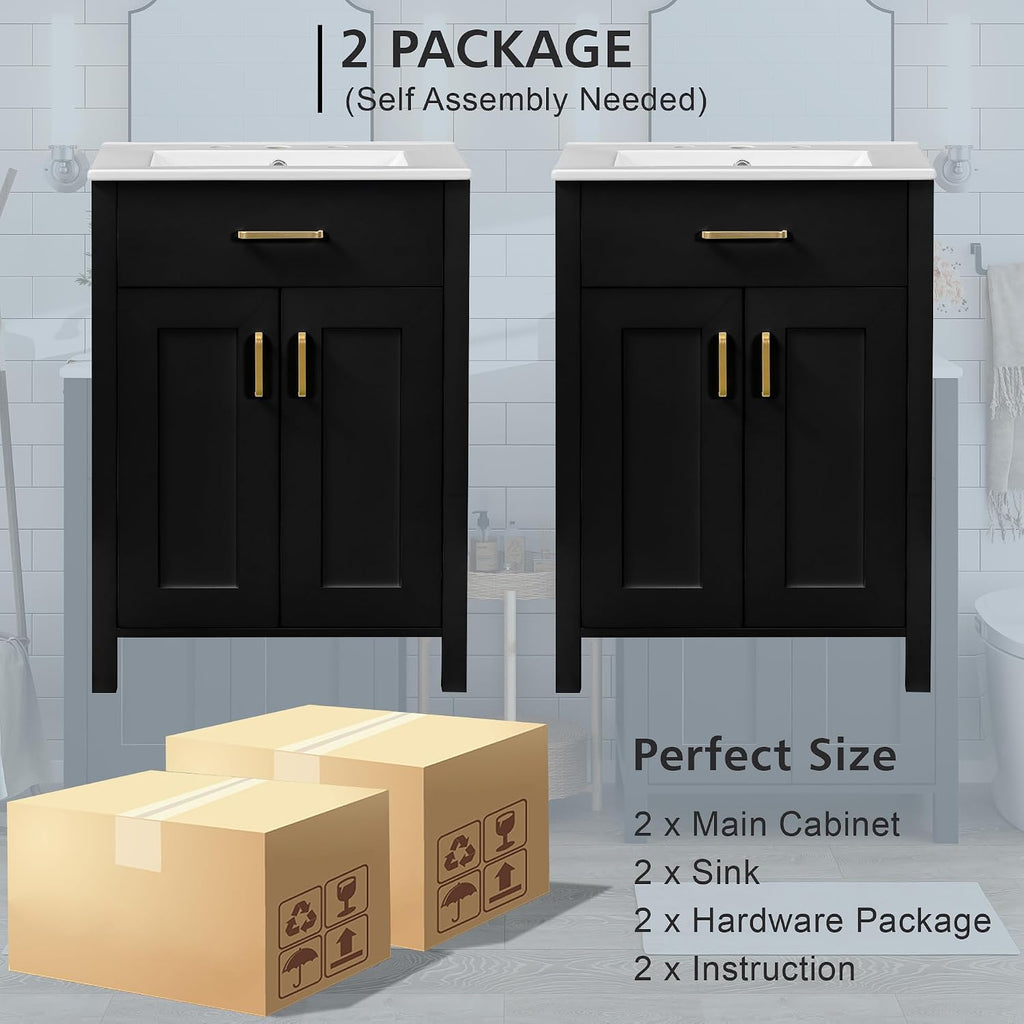 Harper & Bright Designs 48' Bathroom Vanity Set with Double Sink, Free Standing Single Basin Vanity Set with 2 Soft-Close Doors and Drawer, Wood Storage Cabinet with Ceramic Basin for Bathroom, Black
