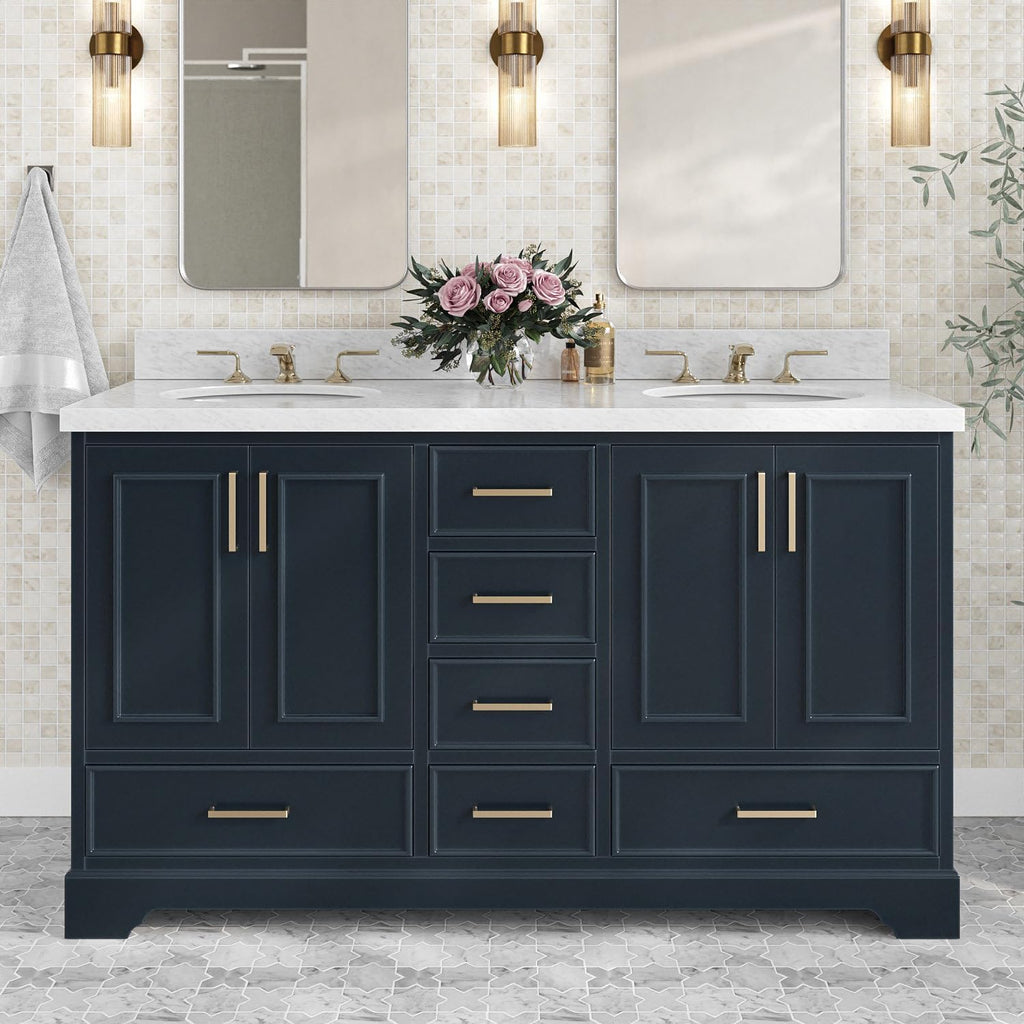 ARIEL Stafford 60-inch Bathroom Vanity with Sink,Solid Wood, 1.5-inch Italian Carrara Marble Countertop, Double Oval Porcelain Sink, 4 Soft Closing Doors, 6 Dovetail Drawers, Midnight Blue