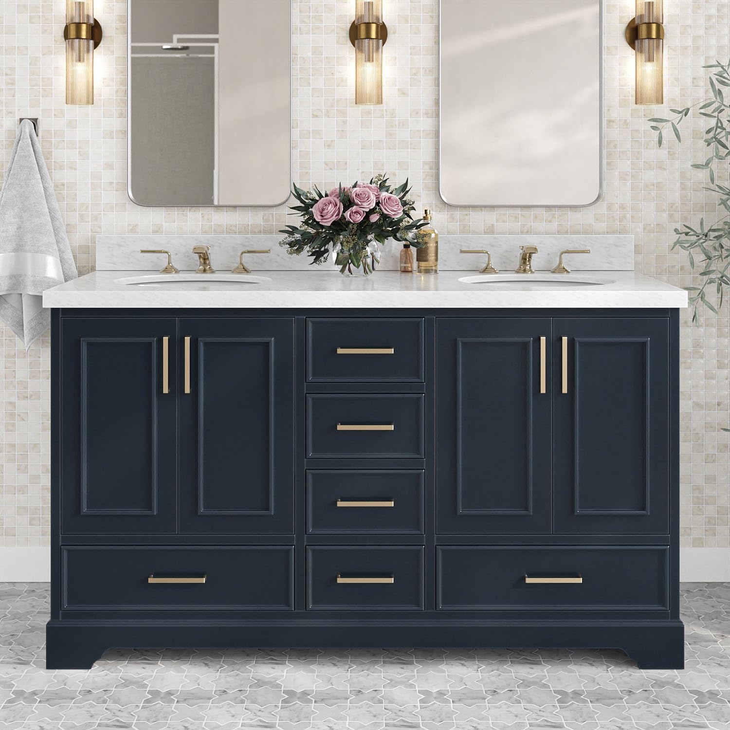 ARIEL Stafford 60-inch Bathroom Vanity with Sink,Solid Wood, 1.5-inch Italian Carrara Marble Countertop, Double Oval Porcelain Sink, 4 Soft Closing Doors, 6 Dovetail Drawers, Midnight Blue