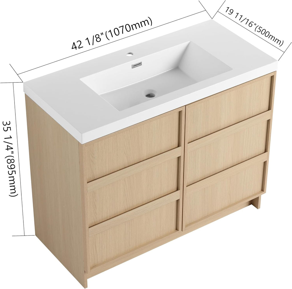 42 Inch Bathroom Vanity with Sink, 42' Freestanding Bathroom Vanity for Large Space, Premium Plywood Wooden Cabinet with 2 Soft Close Doors, Modern Floor Stand Cabinet Set, White Resin Sink Top