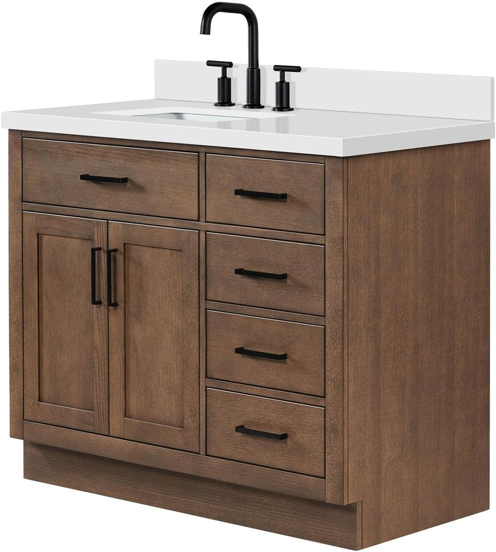 DKB Isabella 42-Inch Brown Oak Single Bathroom Vanity with Sink, 1.5-Inch Edge Pure White Quartz Countertop & 4' Backsplash, Soft-Closing Doors & Drawers, Solid Oak Wood Construction