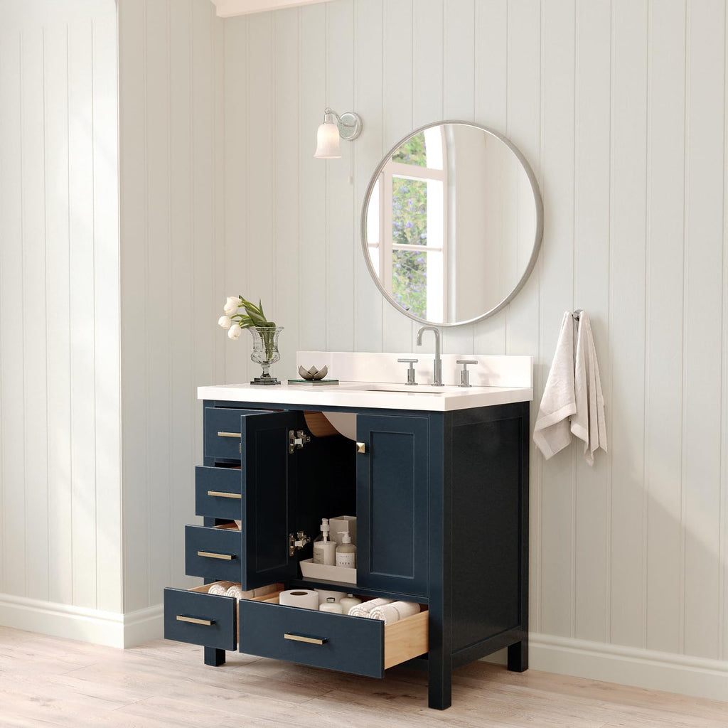 ARIEL Cambridge 36-inch Bathroom Vanity with Sink,Solid Wood, 1.5-inch Pure White Quartz Countertop, Single Rectangular Porcelain Sink, 2 Soft Closing Doors, 5 Dovetail Drawers, Midnight Blue