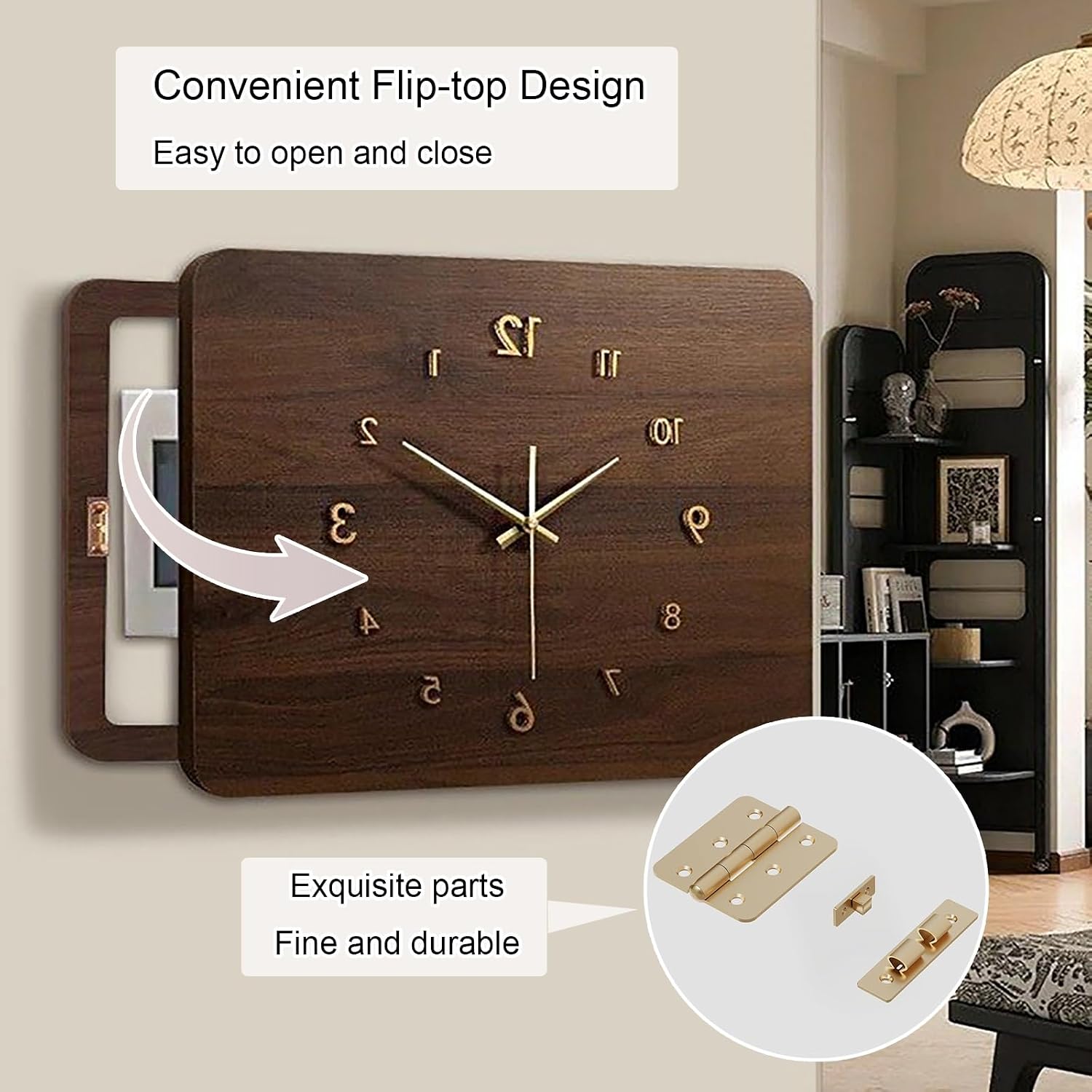 Wooden Electrical Panel Cover, Decorative Fuse Box Cover, Wall-Mounted Protective Lid, Silent Wall Clock Design, Wide Range of Applications(Brown 2,45 * 35cm/17.7 * 13.8in)