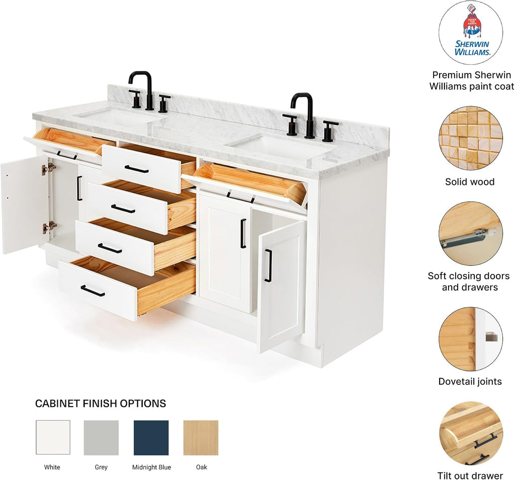 DKB Isabella 72 Inch Bathroom Vanity Double Sink — White Bathroom Vanity with Sink, 1.5' Edge Italian Carrara Marble Countertop & Backsplash, 4 Soft-Close Doors, 4 Dovetail Drawers, and 2 Tilt Drawers