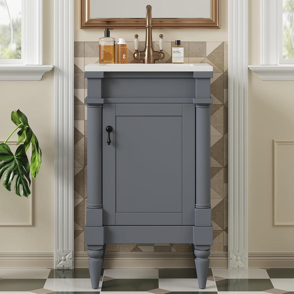 VilroCaz Modern 18'' Bathroom Vanity with Top Sink, Freestanding Bathroom Storage Cabinet with Door and Adjustable Shelf, Single Sink Cabinet with Nordic Style Legs (Gray-Retro)