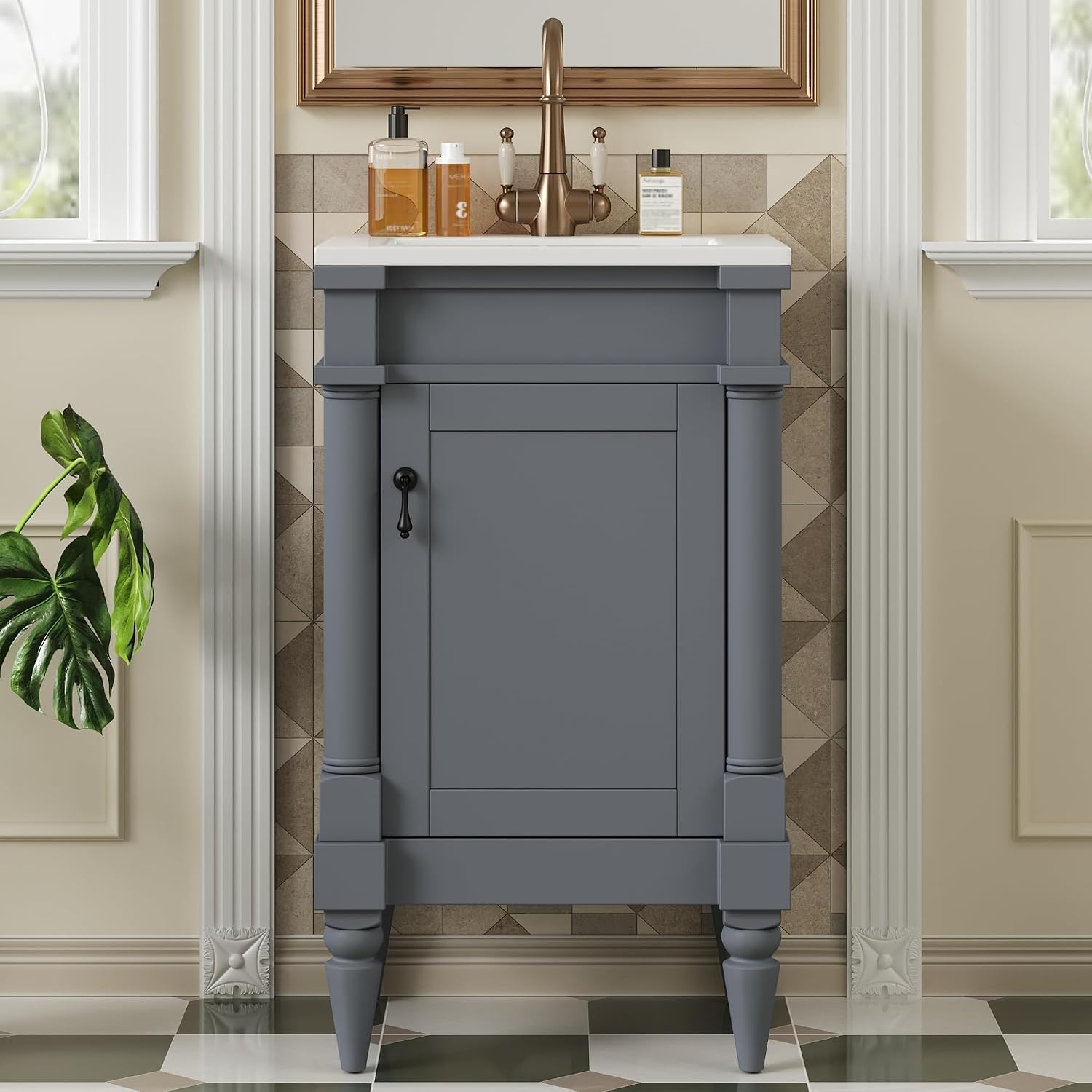VilroCaz Modern 18'' Bathroom Vanity with Top Sink, Freestanding Bathroom Storage Cabinet with Door and Adjustable Shelf, Single Sink Cabinet with Nordic Style Legs (Gray-Retro)