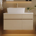 32' Floating Bathroom Vanity with Single Sink, Modern Wall Mounted Bathroom Vanities with Above Ceramic Basin, Wood Bathroom Vanity Cabinet with 1 Drawers and 2 Storage Cabinets, Natural