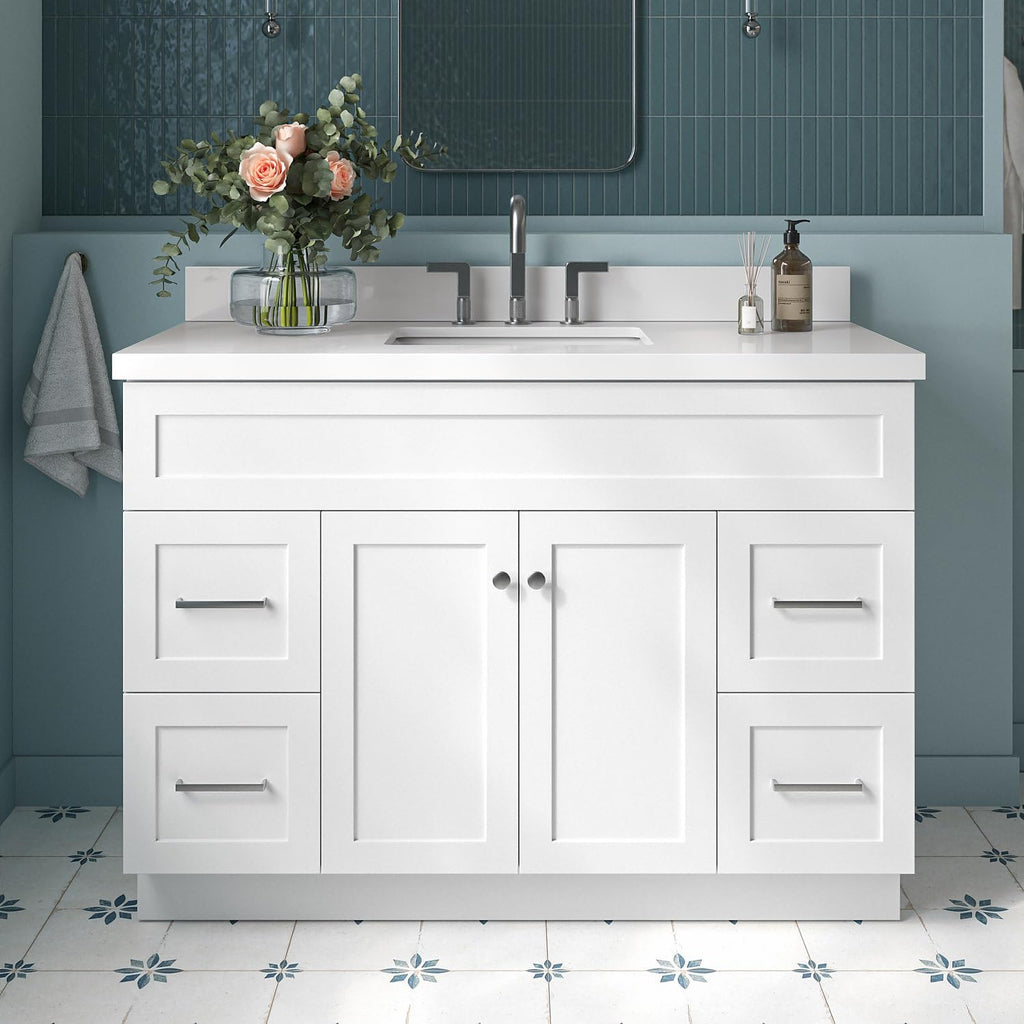 ARIEL Hamlet 48-inch Bathroom Vanity with Sink,Solid Wood, 1.5-inch Pure White Quartz Countertop & Backsplash, Single Rectangular Porcelain Sink, 2 Soft Closing Doors, 4 Dovetail Drawers, White