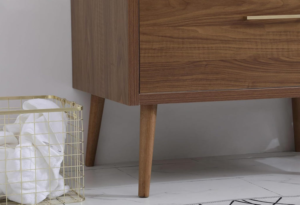 36' Pre-Assembled Bathroom Vanity with Sink, Engineered Wood, Ivory White Engineered Marble Countertop Attached, Single Rectangle Porcelain Sink, 2 Soft-Close Drawers, Walnut Brown
