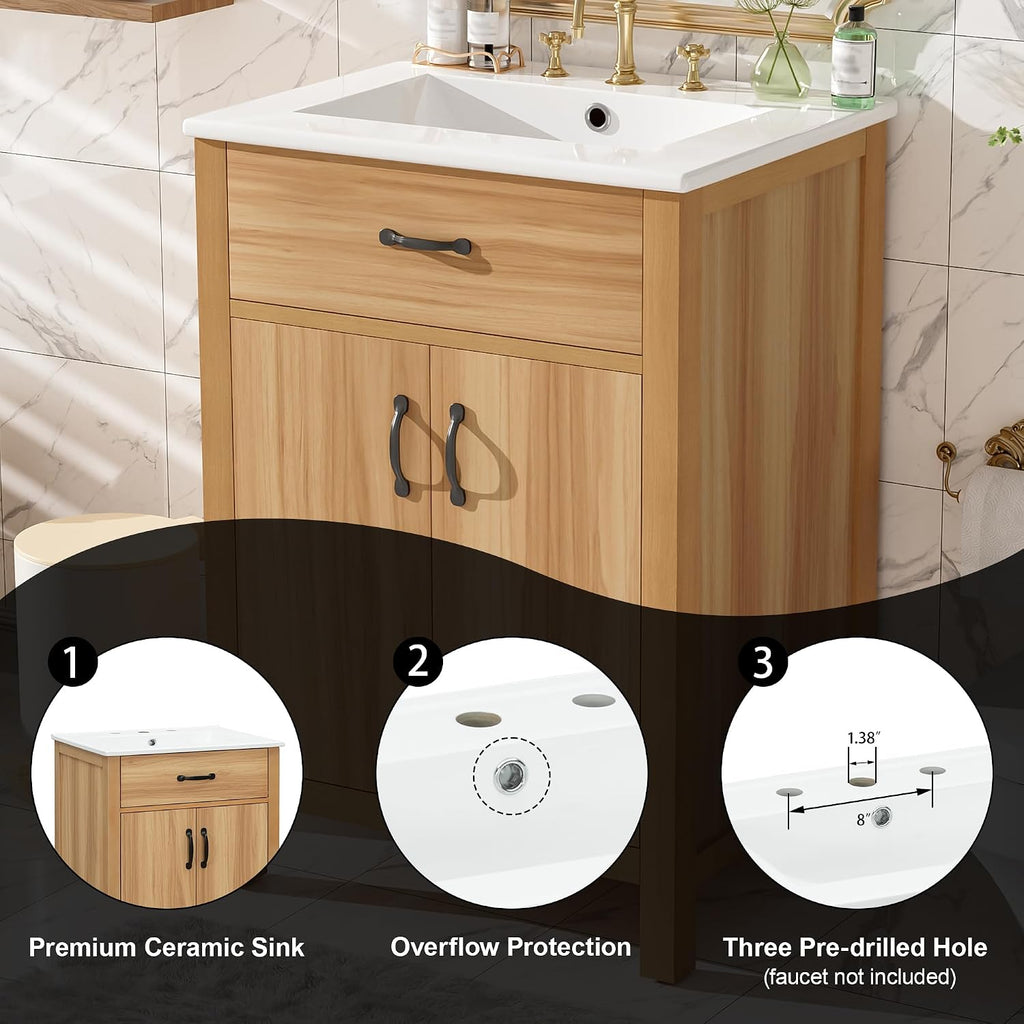 Harper & Bright Designs 48' Bathroom Vanity Set with Double Sink, Free Standing Single Basin Vanity with Tip-Out Drawer & Adjustable Shelf, Wood Storage Cabinet with Ceramic Basin for Bathroom, Wood