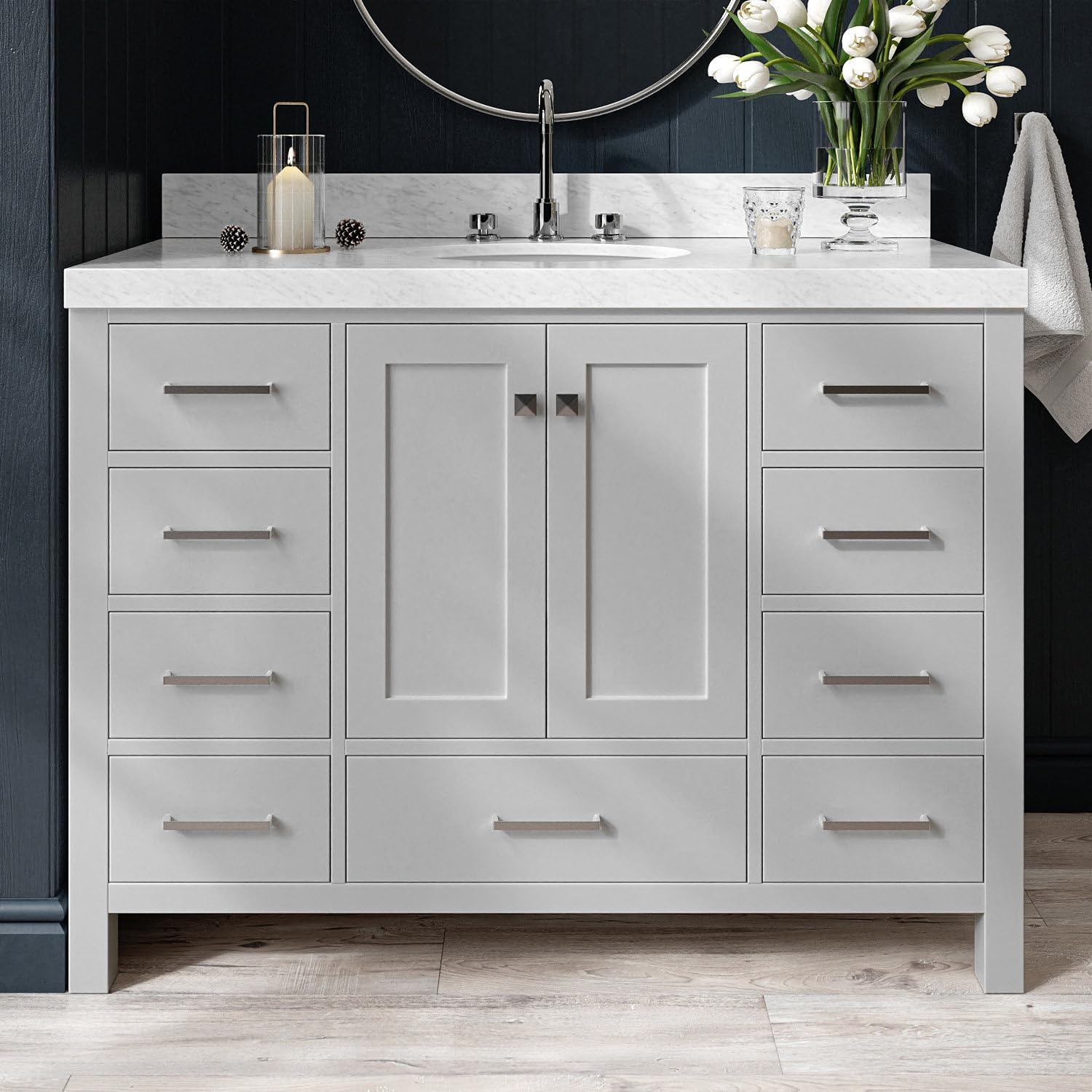 ARIEL Cambridge 48-inch Bathroom Vanity with Sink,Solid Wood, 2-inch Italian Carrara Marble Countertop & Backsplash, Single Oval Porcelain Sink, 2 Soft Closing Doors, 9 Dovetail Drawers, Grey