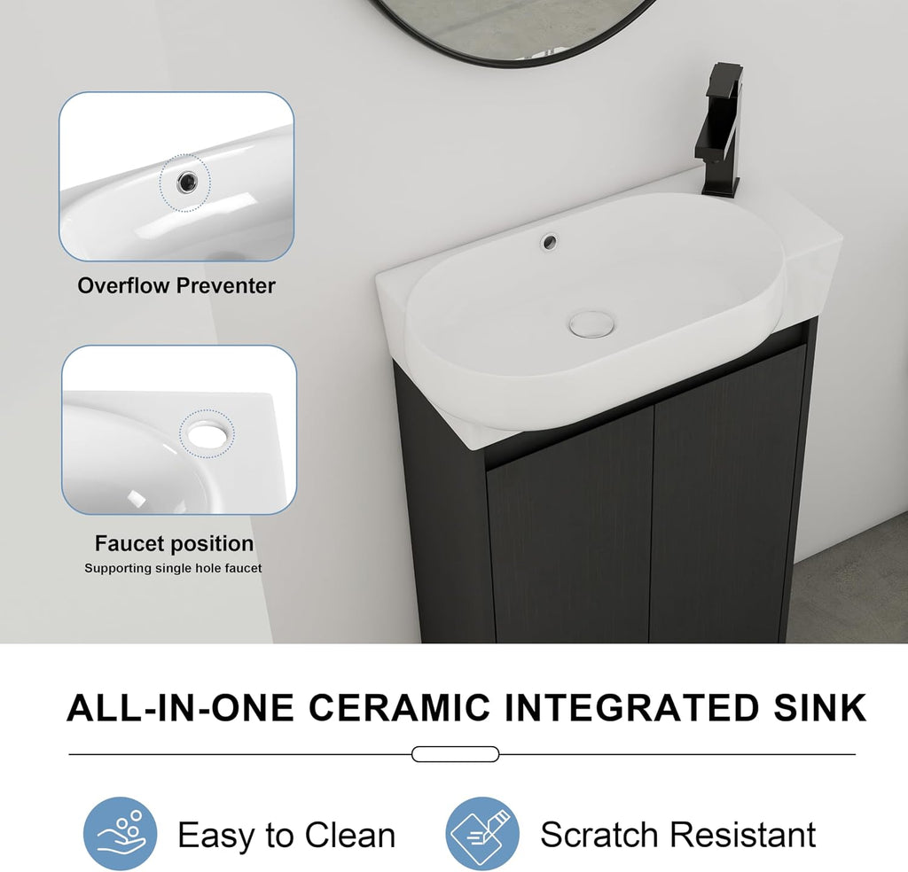 23' Small Bathroom Vanity with Sink, Freestanding Cabinet with Round Ceramic Basin, Soft Closing Doors, Adjustable Shelves, Modern Single Sink Vanity for Small Space, Black