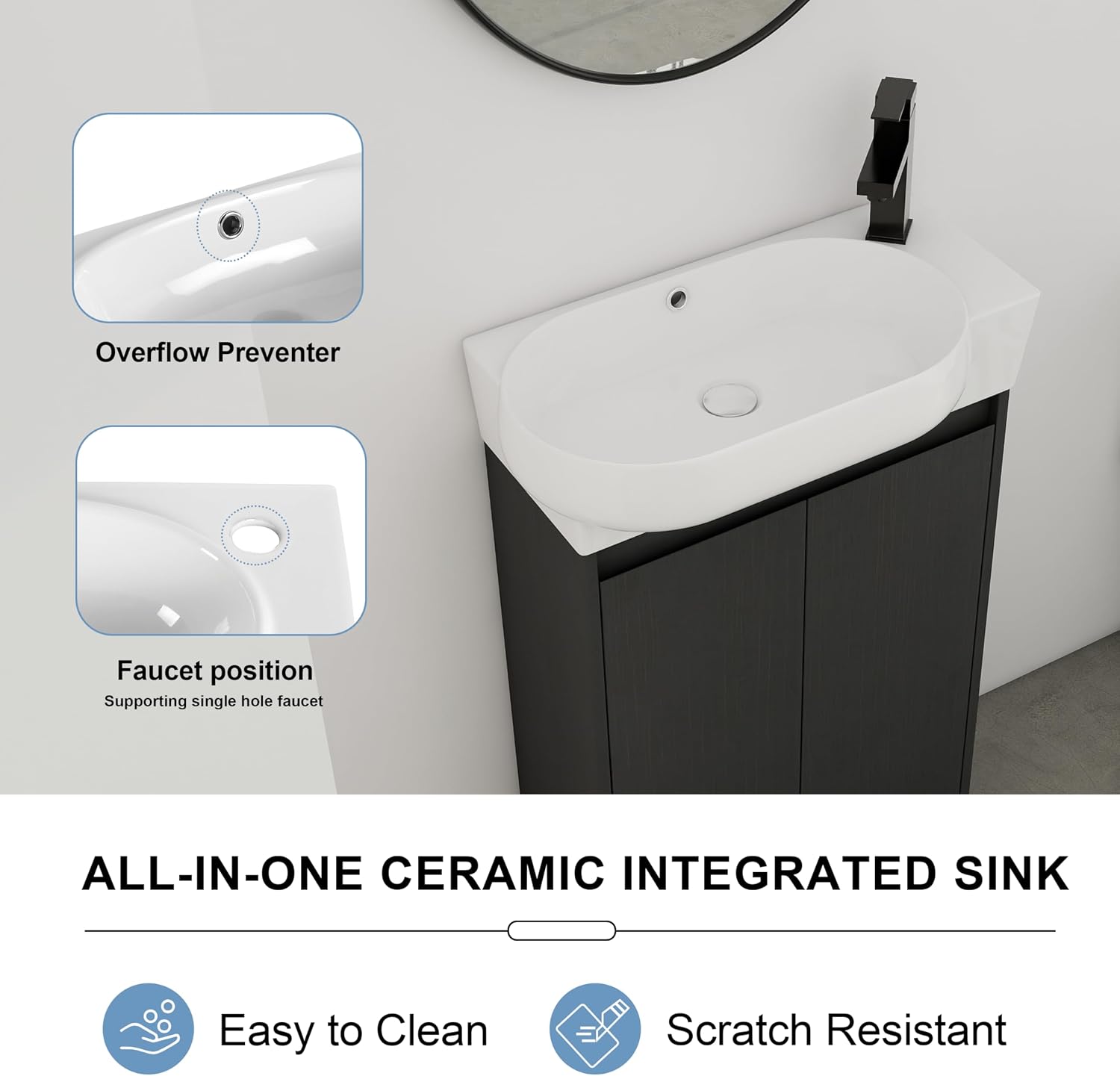 23' Small Bathroom Vanity with Sink, Freestanding Cabinet with Round Ceramic Basin, Soft Closing Doors, Adjustable Shelves, Modern Single Sink Vanity for Small Space, Black